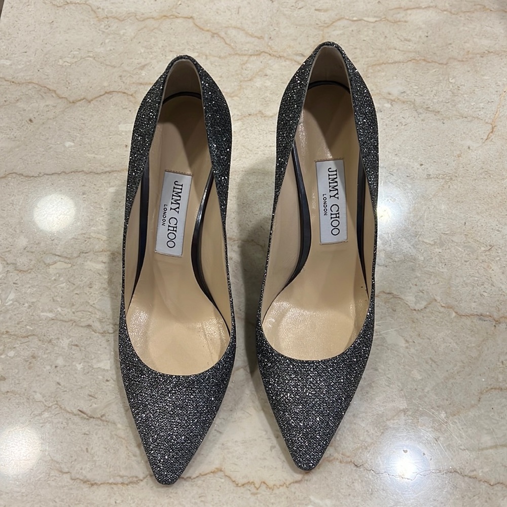 Never worn Jimmy Choo silver sparkle heels